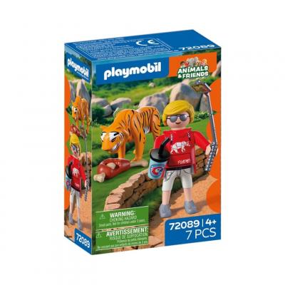 Set zoo Playmobil 72089 Tigre et visiteur avec figurines et accessoires Multicolore - Neuf