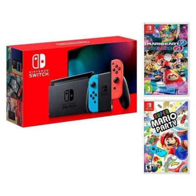 Switch N&eacute;on 32Go + Super Mario Party et Mario Kart 8 Deluxe, Rouge, Bleu - Neuf