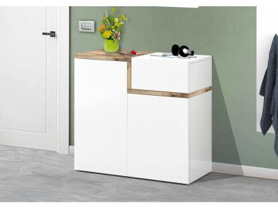 Meuble &agrave; chaussures effet bois en blanc brillant et &eacute;rable