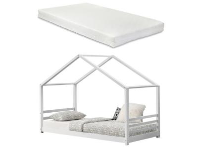 [EN.CASA] Lit Cabane Vard&oslash; avec Grille et Matelas &agrave; Mousse &agrave; Froid 90 X 200 cm Blanc