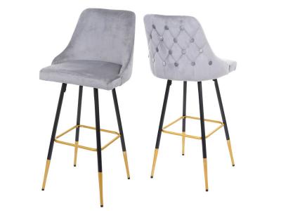 Tabouret de bar - HWC - E70 - Design r&eacute;tro - Velours - Pieds dor&eacute;s - Gris