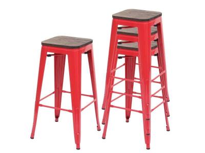 Lot de 4 Tabourets de bar HWC-A73 en bois et m&eacute;tal style industriel - Rouge