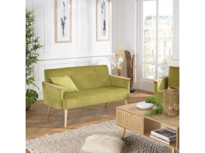 MACABANE Canap&eacute; 2 places velours vert clair pieds et accoudoirs bois