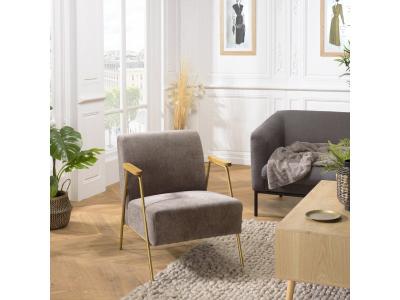 MACABANE Fauteuil lounge tissu taupe m&eacute;tal dor&eacute; accoudoirs bois