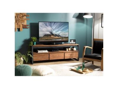 MACABANE Meuble Tv SIXTINE 3 Tiroirs Et 1 &Eacute;tag&egrave;re Bois Teck Recycl&eacute; Et M&eacute;tal