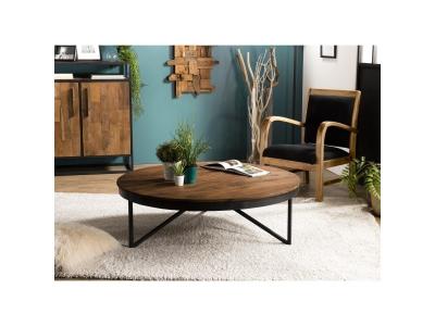 Table basse ronde bois de Teck recycl&eacute; pieds m&eacute;tal - SIANA