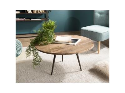 Table basse ronde 75cm bois de Teck recycl&eacute; et m&eacute;tal - SIANA