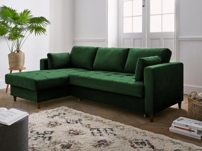 LISA DESIGN Canap&eacute; d'angle gauche convertible 4 places Velours Vert
