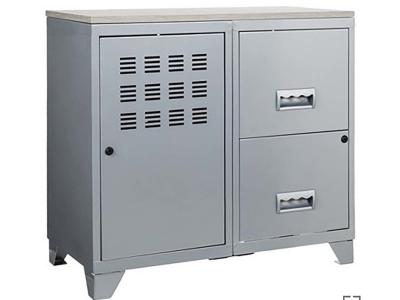 Armoire 1 porte et 2 grands tiroirs en acier avec plateau bois alu