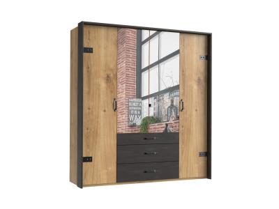 Armoire avec miroir 4 portes en chene poutre + un cadre en couleur rechampis raw steel - L200 x H216 x P58 cm -- 