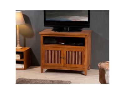 MACABANE Meuble TV 2 portes persiennes en teck style colonial - Miel