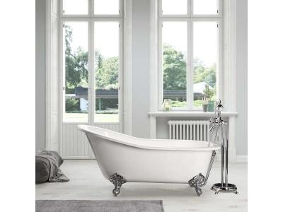 Baignoire sur pieds en fonte petite taille ASHFORD blanche 138 cm Pieds chrom&eacute;s