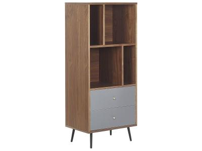 Biblioth&egrave;que &eacute;tag&egrave;re scandinave effet bois fonc&eacute; avec 2 tiroirs gris