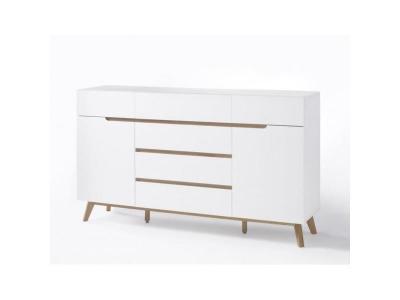 Buffet cachan blanc laqu&eacute; mat 6 tiroirs 2 portes pi&eacute;tement en ch&ecirc;ne