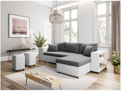 LOUNGITUDE Canap&eacute; d'angle mady convertible avec coffre, accoudoir &eacute;tag&egrave;re et poufs gauche en bi-mati&egrave;re