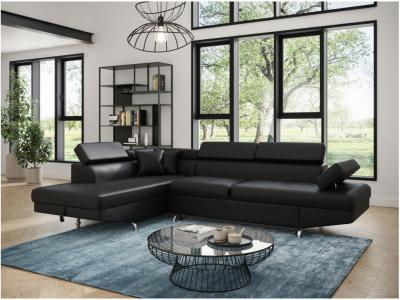 LOUNGITUDE Canap&eacute; d'angle gauche convertible simili cuir noir Mio 271 cm