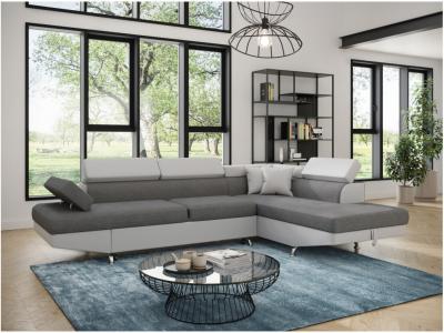 LOUNGITUDE Canap&eacute; d'angle droit convertible tissu gris et simili blanc Mio 275 cm