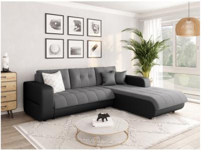 LOUNGITUDE Canap&eacute; d'angle droit convertible bi-mati&egrave;re noir/gris