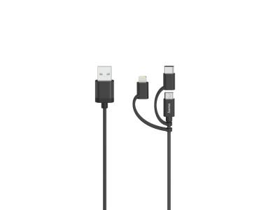 HAMA C&acirc;ble micro-USB, 3 en 1, av. adap. USB-C et Lightning, USB 2.0, 0,75 m