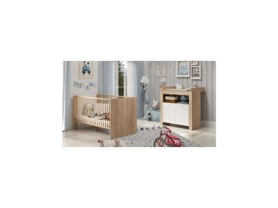 Chambre b&eacute;b&eacute; duo PIA - Lit 70x140 cm + Commode &agrave; langer 2 portes - D&eacute;cor chene sonoma et blanc mat