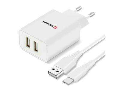 GENERIQUE Chargeur Secteur Double USB 2.1A Smart IC + C&acirc;ble USB-C Swissten Blanc