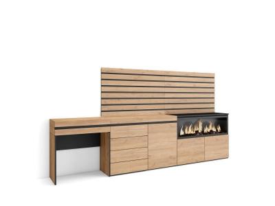 SKRAUT HOME Coiffeuse effet bois de ch&ecirc;ne 284x35x145cm chemin&eacute;e effet feu XXL