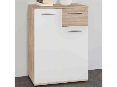 Commode 2 portes 1 tiroir en bois imitation ch&ecirc;ne clair et blanc - CO7104