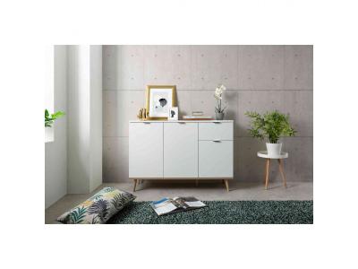 Commode 3 portes 1 tiroir blanc et imitation ch&ecirc;ne - co7080