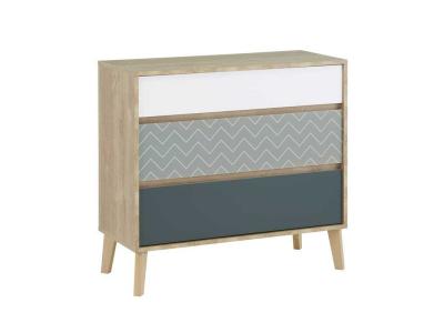 Commode 3 tiroirs Ch&ecirc;ne blond/Bleu/Blanc - ESMEY - L 94 x l 40 x H 86