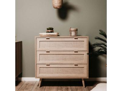 Commode 3 tiroirs en rafia imitation ch&ecirc;ne sonoma - co7073-2