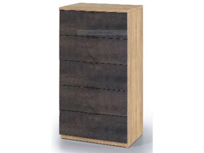 Commode avec 5 tiroirs coloris ch&ecirc;ne canadian et effet industriel vieilli - 110 x 60 x 40 cm