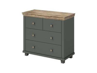Commode design 4 tiroirs. Coloris vert kaki et ch&ecirc;ne. Collection assia