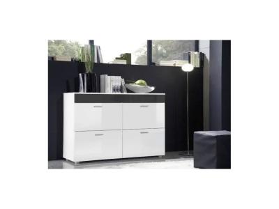 Commode design logo, 4 portes coloris blanc brillant et bande grise brillante
