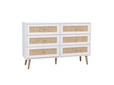Commode effet bois et cannage 6 tiroirs boh&egrave;me. Blanc - 120x39x79cm 