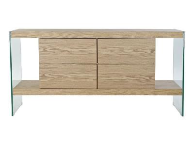 Commode en bois MDF marron clair avec 2 etageres et 4 tiroirs - Largeur 160 x Hauteur 80 x Profondeur 45 cm -- 