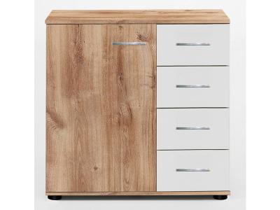 Commode en panneaux de particules de 4 tiroirs+1 porte, chene poutre/blanc- Dim : L.81 x H.83 x P.41 cm - - 
