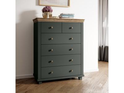 Commode xl design 6 tiroirs. Coloris vert kaki et ch&ecirc;ne. Collection assia