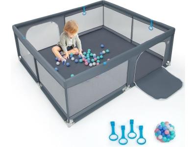 COSTWAY  Parc B&eacute;b&eacute; Xl 200 X 180cm Sans Bpa Porte Grillag&eacute;e Et Porte En Tissu Oxford 4 Anneaux,50 Balles Oc&eacute;aniques 10 Mois+ Gris