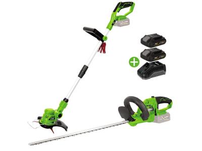 VITO GARDEN Pack 2 outils 20V Coupe Bordure + Taille Haies + 2 Batteries Lithium 2.0Ah + Jeu de 20 lames + Chargeur VITO