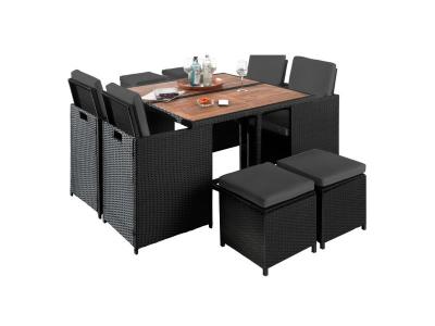 BESTMOBILIER Cuba - Salon de jardin encastrable 8 places - en r&eacute;sine tress&eacute;e - Noir avec coussins gris  - Noir
