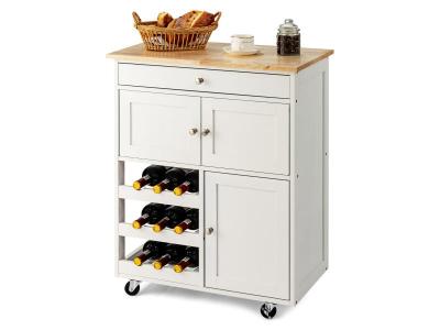 Desserte de cuisine en bois d&acute;h&eacute;v&eacute;a et en mdf &agrave; roulettes avec tiroir, porte-bouteilles &agrave; 3 niveaux et 2 placards