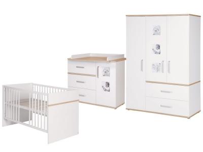 ROBA  Chambre B&eacute;b&eacute; Compl&egrave;te Pia - Lit 70x140 + Commode &agrave; Langer + Armoire - Blanc / Ch&ecirc;ne (I)