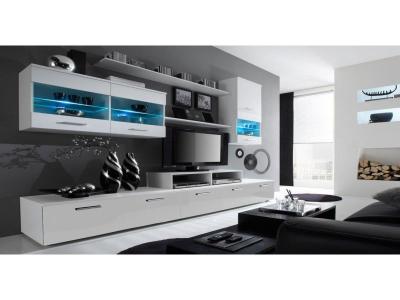 SKRAUT HOME Ensemble de meubles de salon,tv, ilumin.led, blanc mate/blanc laqu&eacute;,250x194x42cm