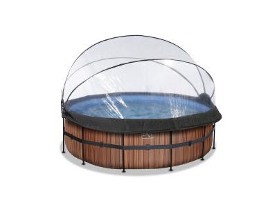 EXIT TOYS Piscine Wood &oslash;427x122cm avec pompe filtrante &agrave; sable et d&ocirc;me et pompe &agrave; chaleur - marron