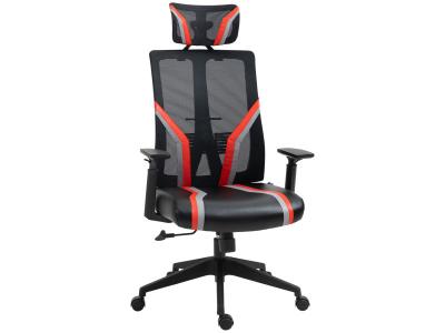 VINSETTO Fauteuil de bureau gamer pivotant - accoudoirs, t&eacute;ti&egrave;re r&eacute;glables - support lombaire - rev&ecirc;tement synth&eacute;tique et polyester rouge noir 