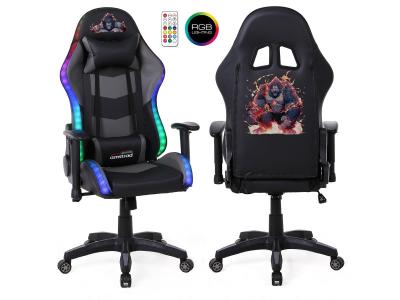 AMSTRAD Fauteuil gaming ELITE-LED-GORILLA - Noir et gris - Eclairage LED 576 effets avec T&eacute;l&eacute;commande et Accoudoir 2D