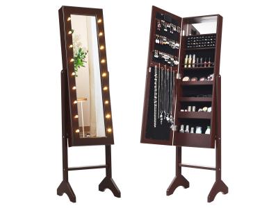 CostwayArmoire &agrave; Bijoux sur Pied avec 18 LED Angle R&eacute;glable Doublure en Velours Doux 35 x 31,5 x 145 CM Marron