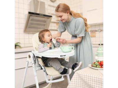 COSTWAY  - Chaise Haute B&eacute;b&eacute; Evolutive Pliable 2 en 1 en pp Hauteur et Angle R&eacute;glables avec Assiette,Plateau de Jeu Charge 20KG Beige