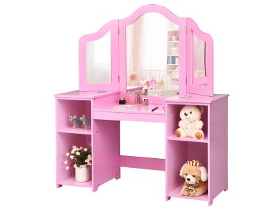 COSTWAY  Coiffeuse Pour Enfants 2 En 1 Avec Miroir Amovible, Bureau Enfant Avec 4 &Eacute;tag&egrave;res