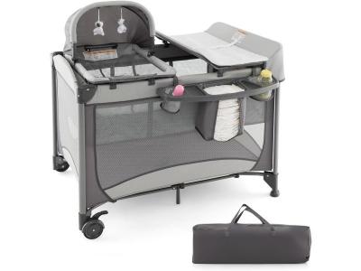 GOPLUS  - Lit Parapluie B&eacute;b&eacute; 0 &agrave; 36 Mois-Lit Pliant Hauteur R&eacute;glable Parc B&eacute;b&eacute; 5 en 1-Table &agrave; Langer/Matelas/Sac Portable/Jouet Gris